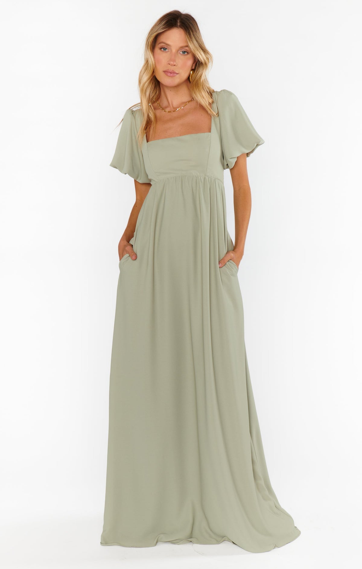 Pilar Green Dress with Flutter Sleeves and Empire Waist