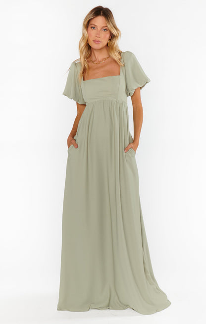 Pilar Green Dress with Flutter Sleeves and Empire Waist