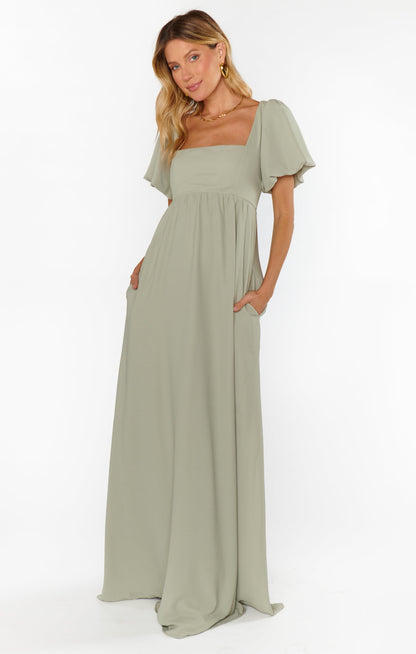 Pilar Green Dress with Flutter Sleeves and Empire Waist