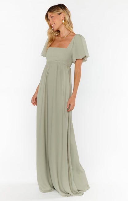 Pilar Green Dress with Flutter Sleeves and Empire Waist