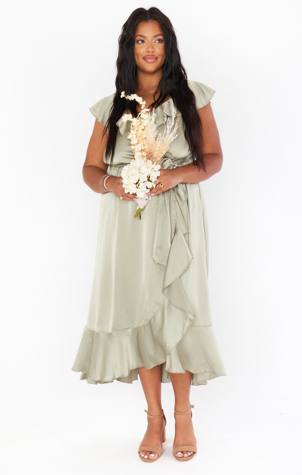 Leonor Green Dress with Wrap Front and Ruffle Trim