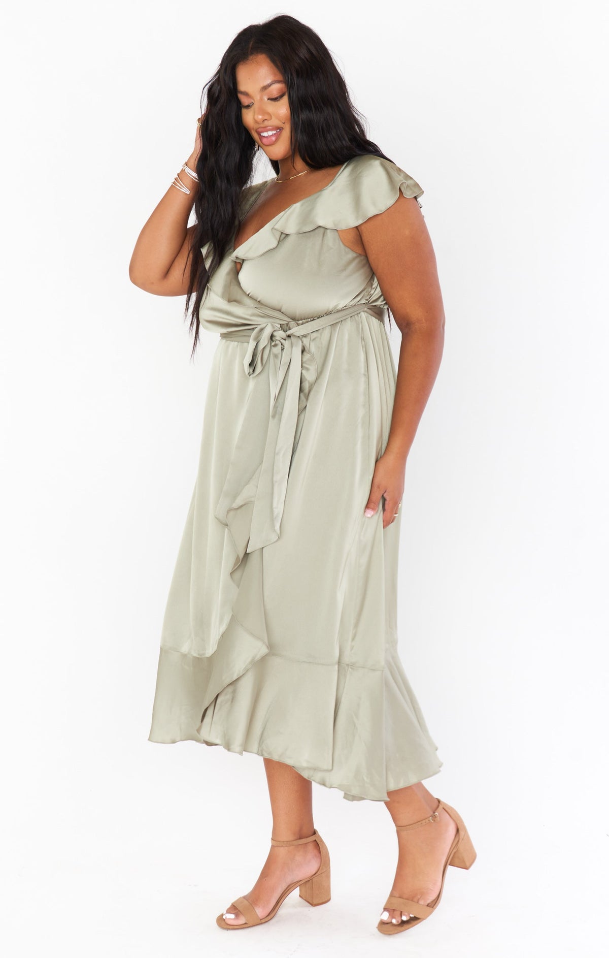 Leonor Green Dress with Wrap Front and Ruffle Trim