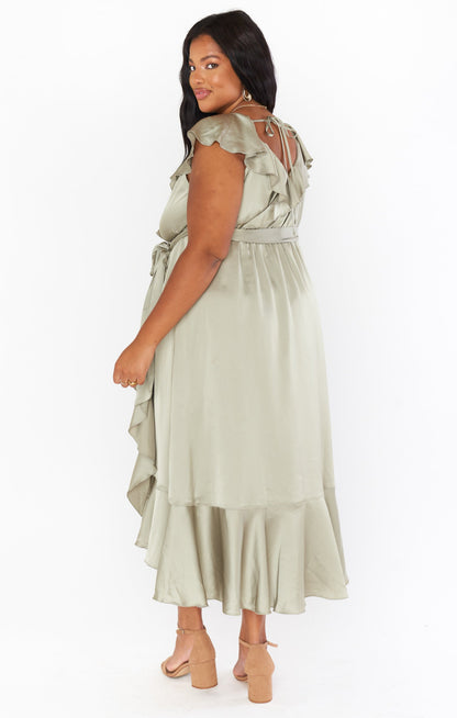 Leonor Green Dress with Wrap Front and Ruffle Trim