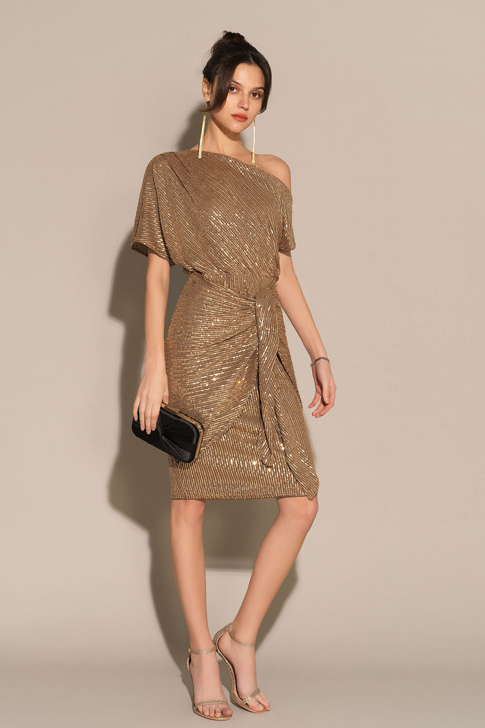 Yvette Sequin Dress with Off-Shoulder Neck and Draped Skirt