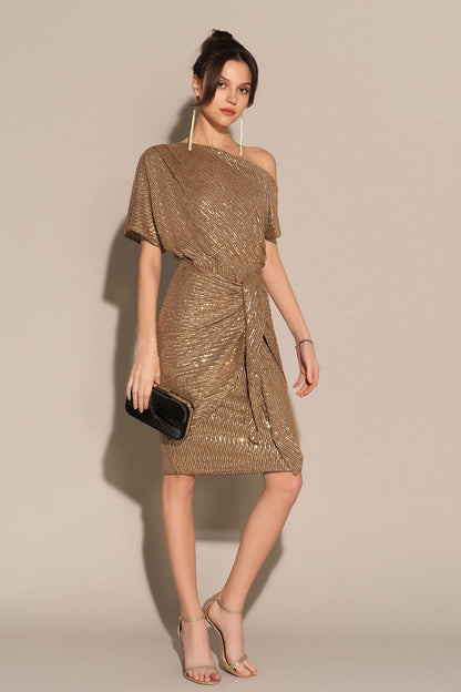 Yvette Sequin Dress with Off-Shoulder Neck and Draped Skirt