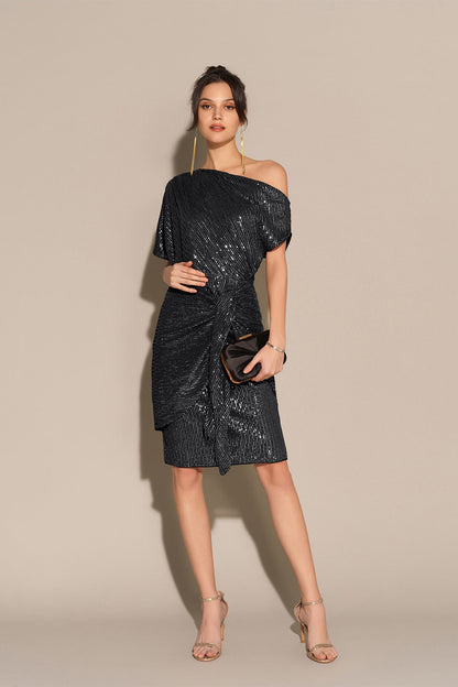 Yvette Sequin Dress with Off-Shoulder Neck and Draped Skirt