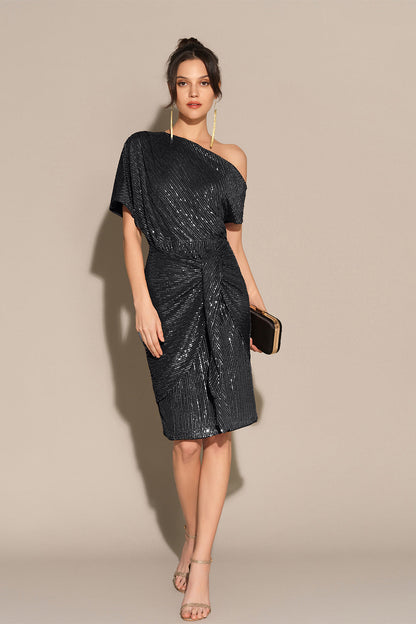 Yvette Sequin Dress with Off-Shoulder Neck and Draped Skirt