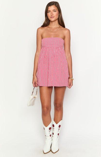 Kendra Red Dress with Gingham Check and Strapless Neck
