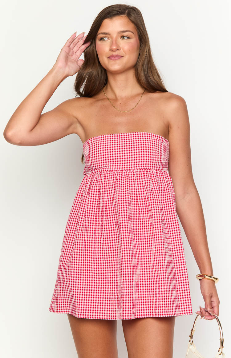 Kendra Red Dress with Gingham Check and Strapless Neck