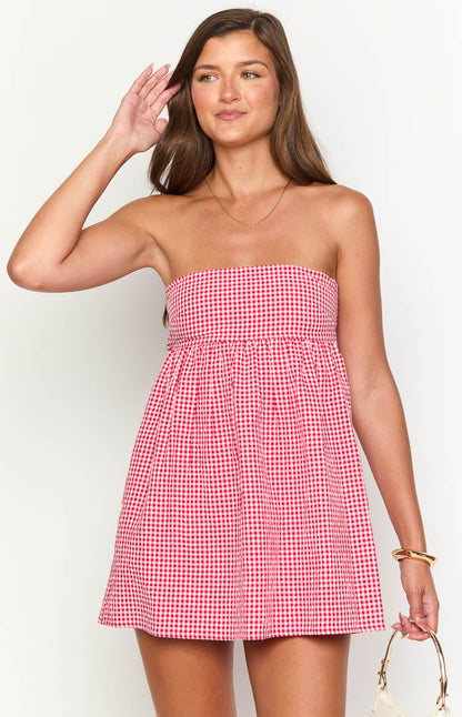 Kendra Red Dress with Gingham Check and Strapless Neck