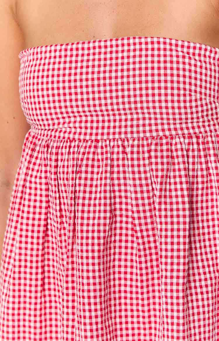 Kendra Red Dress with Gingham Check and Strapless Neck