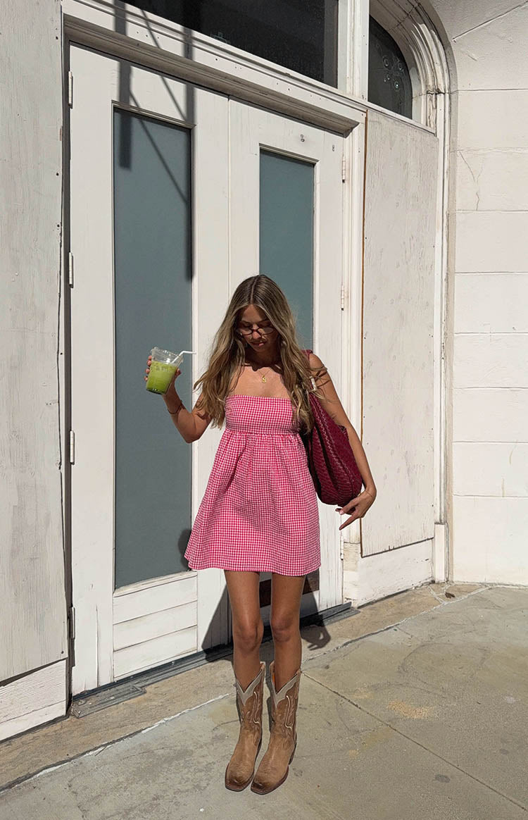 Kendra Red Dress with Gingham Check and Strapless Neck