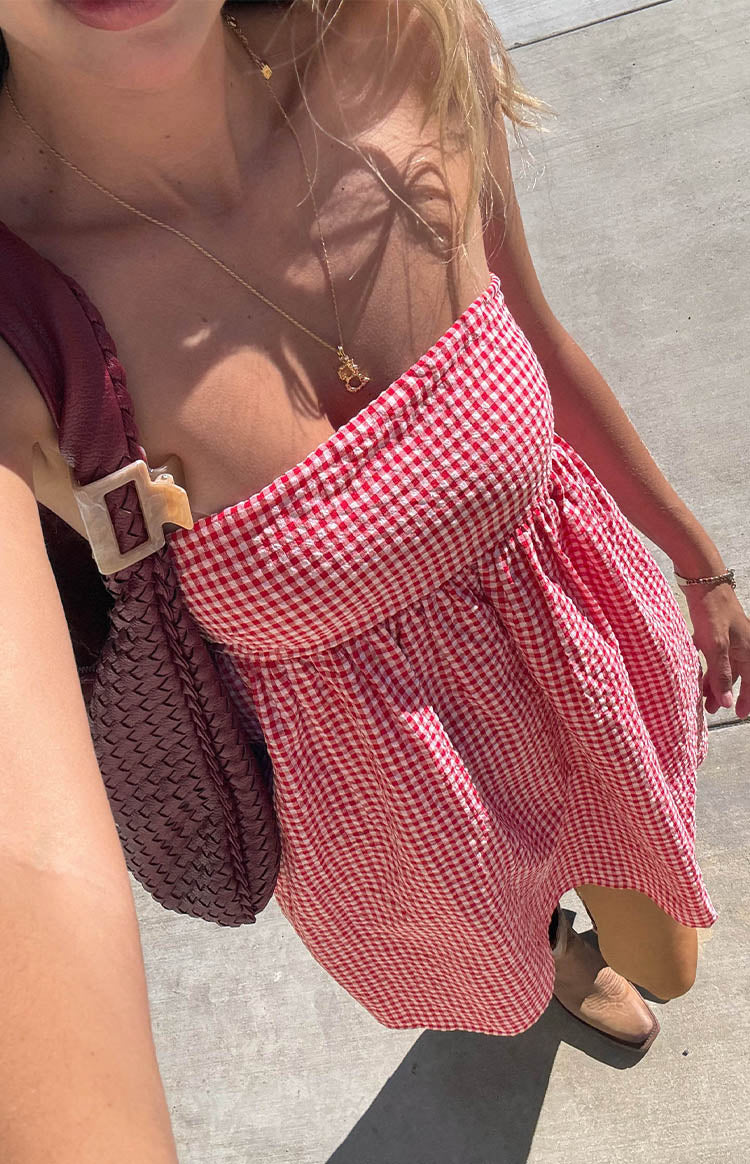 Kendra Red Dress with Gingham Check and Strapless Neck