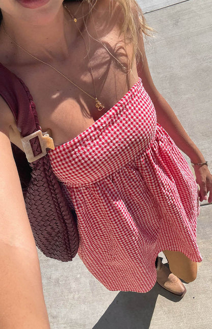 Kendra Red Dress with Gingham Check and Strapless Neck