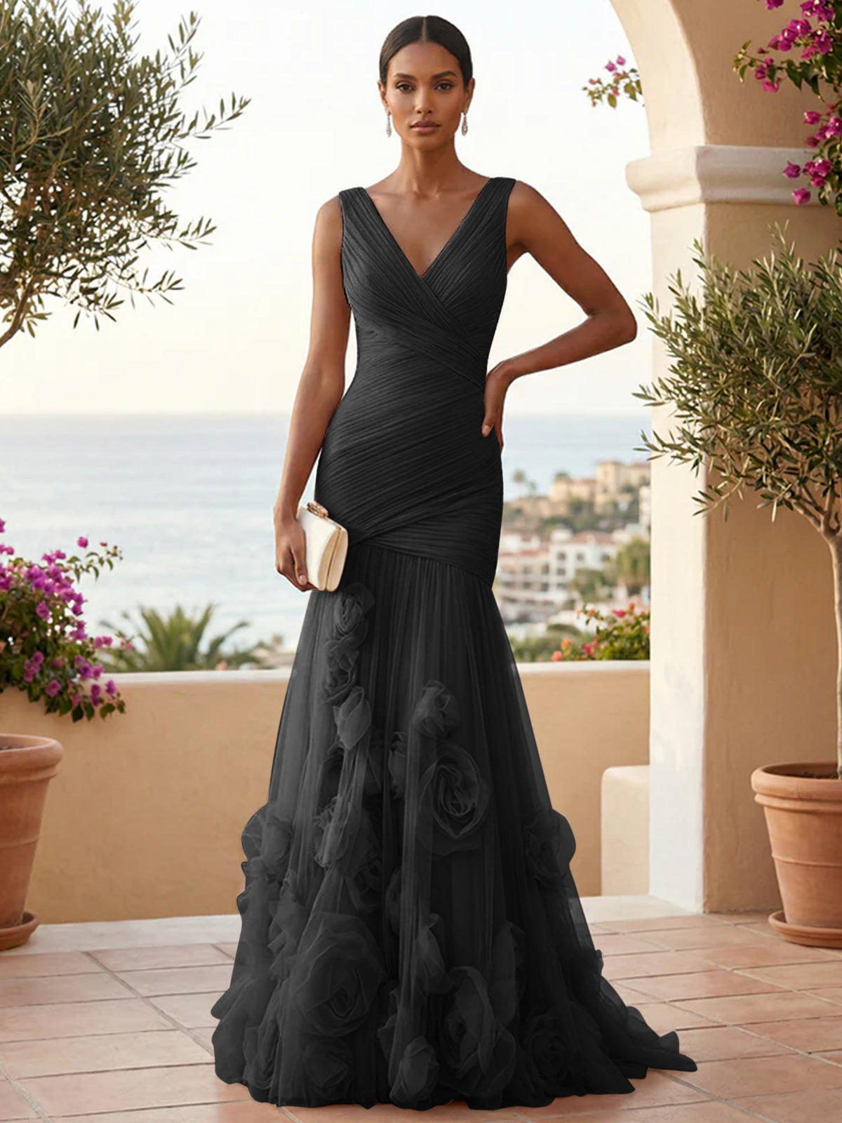 Kaya Evening Gown with 3D Flowers and Mermaid Hem
