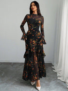 Berenice Black Dress with Floral Mesh and Tiered Ruffles