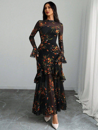 Berenice Black Dress with Floral Mesh and Tiered Ruffles