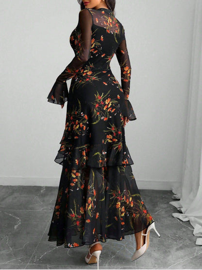 Berenice Black Dress with Floral Mesh and Tiered Ruffles