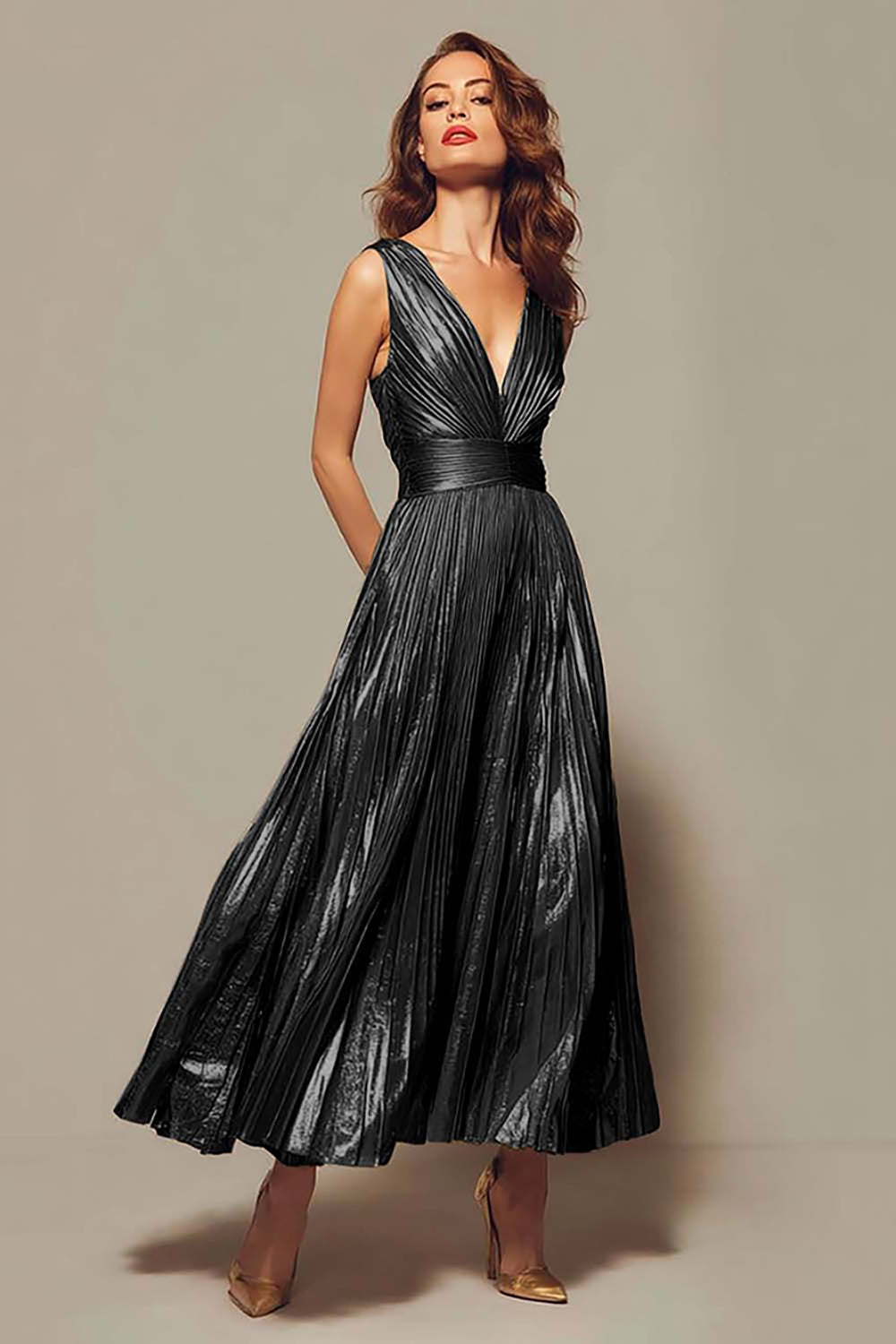Apolline Formal Dress with Pleated Metallic and Deep V Neck