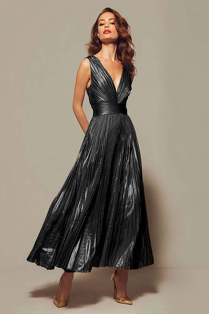 Apolline Formal Dress with Pleated Metallic and Deep V Neck
