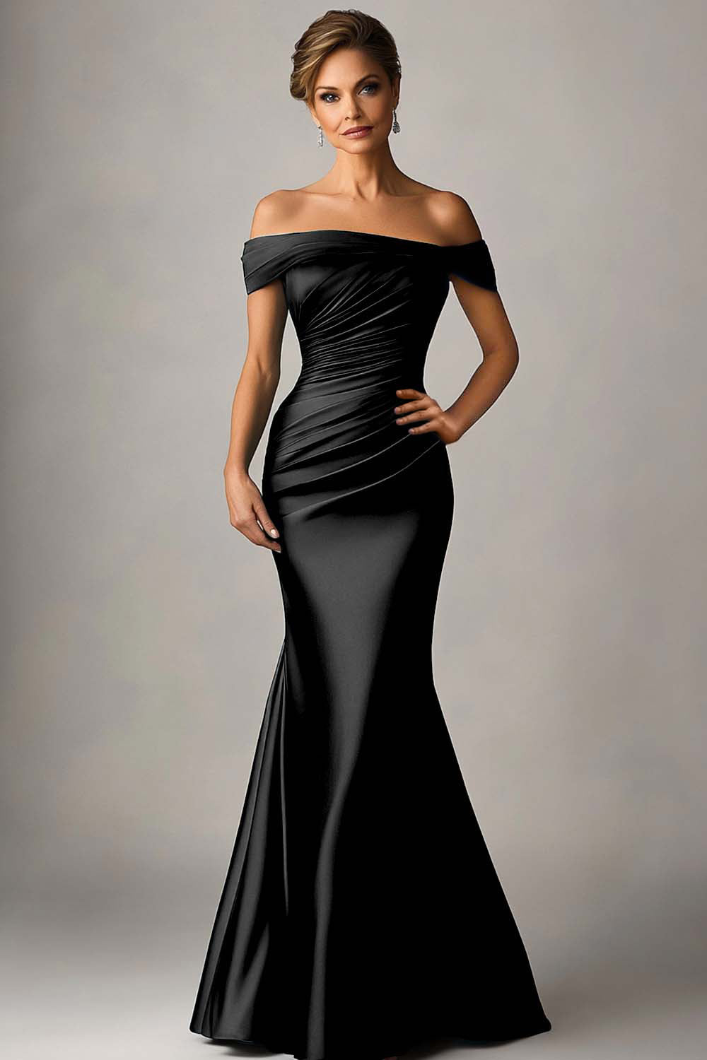 Florentine Formal Dress with Off Shoulder Neck and Ruched Satin