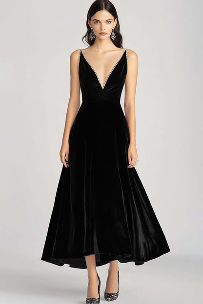 Dorothea Velvet Dress with V Neck and Full Midi Skirt