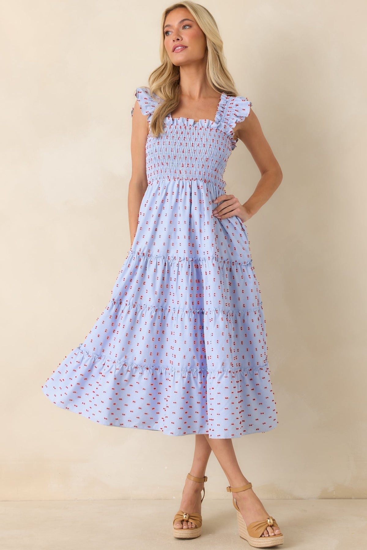 Prosperina Gingham Embroidered Midi Dress