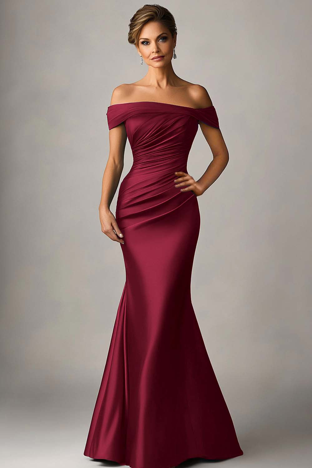 Florentine Formal Dress with Off Shoulder Neck and Ruched Satin