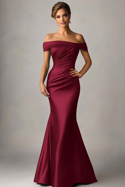 Florentine Formal Dress with Off Shoulder Neck and Ruched Satin