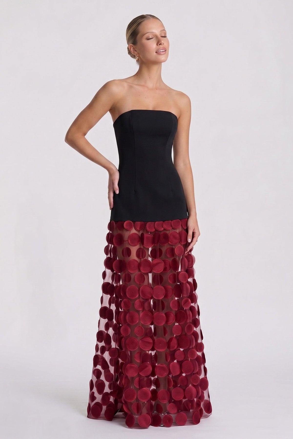Cora Formal Dress with Strapless Neck and 3D Floral Tulle