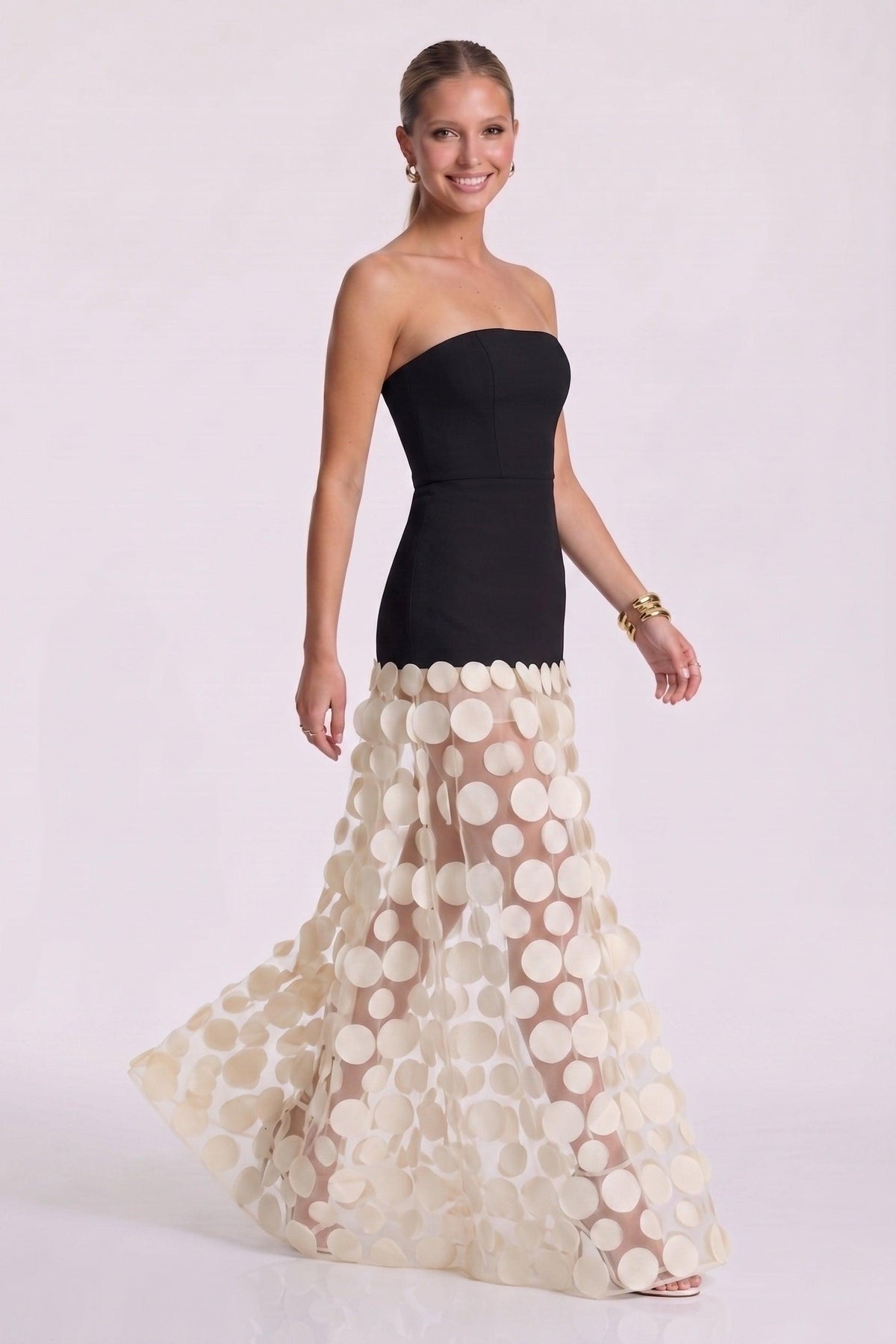 Cora Formal Dress with Strapless Neck and 3D Floral Tulle