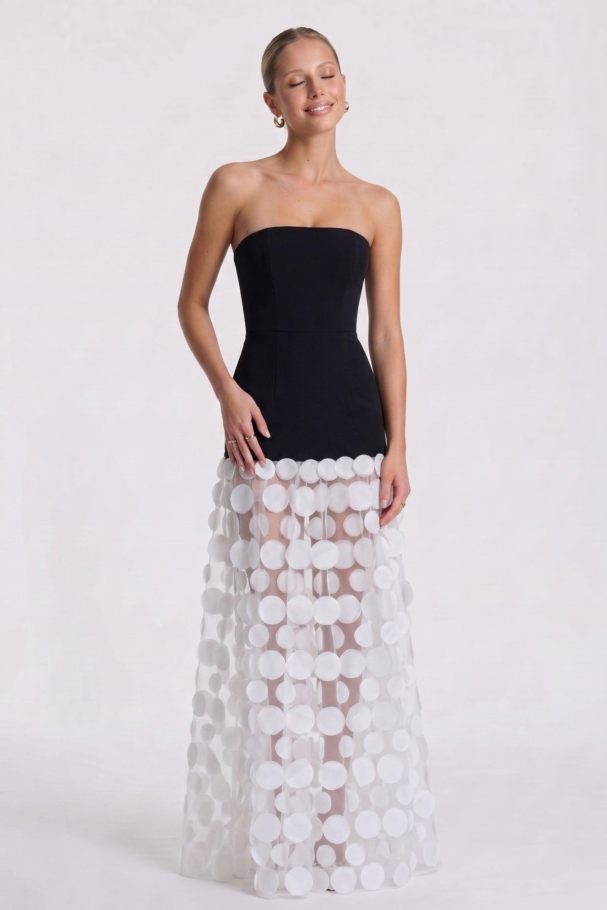 Cora Formal Dress with Strapless Neck and 3D Floral Tulle