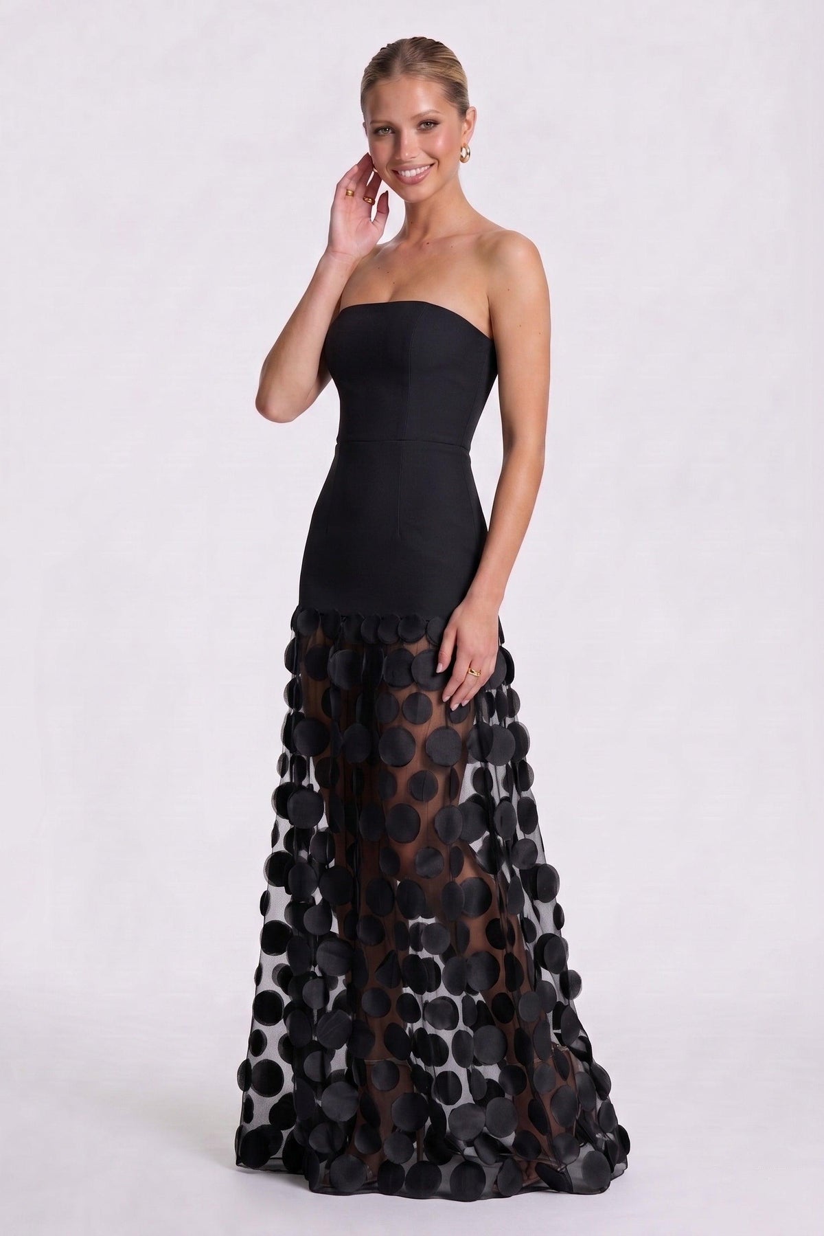 Cora Formal Dress with Strapless Neck and 3D Floral Tulle