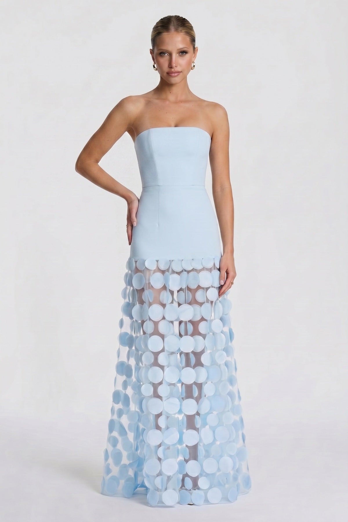 Cora Formal Dress with Strapless Neck and 3D Floral Tulle