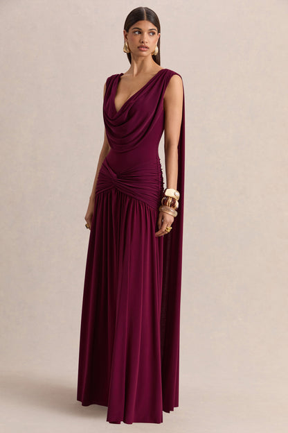 Sasha Burgundy Dress with Cowl Neck and Shoulder Sash