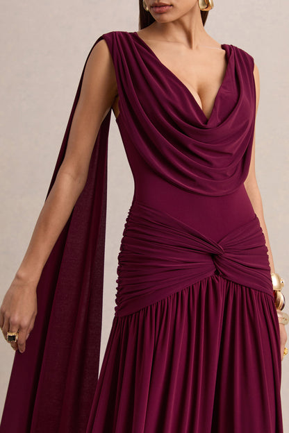 Sasha Burgundy Dress with Cowl Neck and Shoulder Sash
