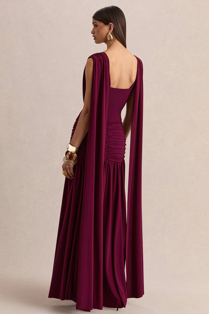 Sasha Burgundy Dress with Cowl Neck and Shoulder Sash