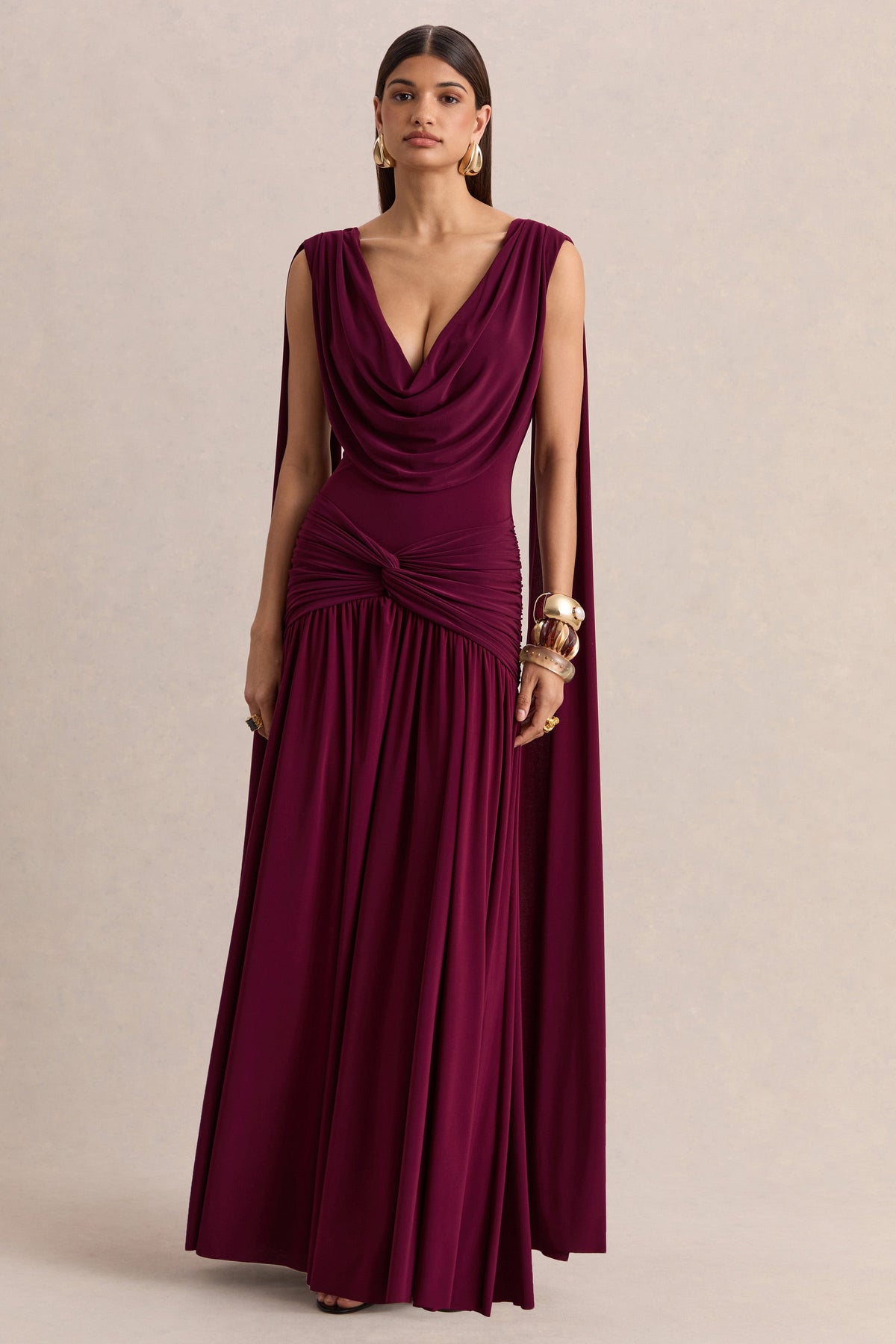 Sasha Burgundy Dress with Cowl Neck and Shoulder Sash