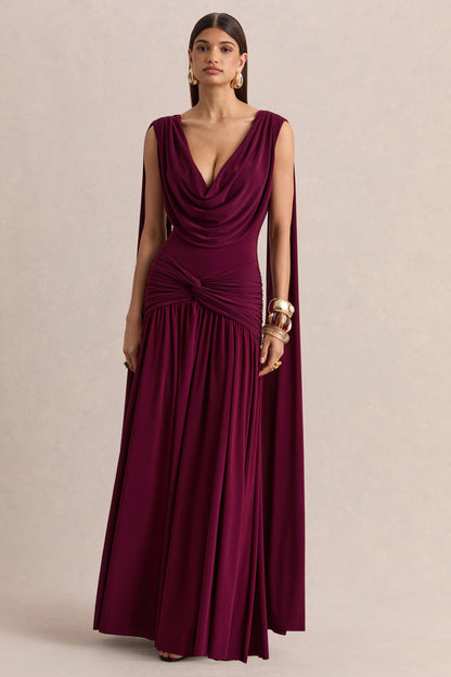 Sasha Burgundy Dress with Cowl Neck and Shoulder Sash