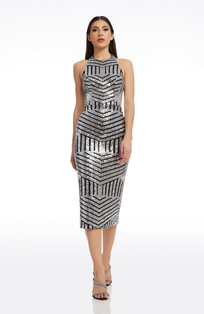 Caitlin Black Dress with Sequin Mesh and Column Fit