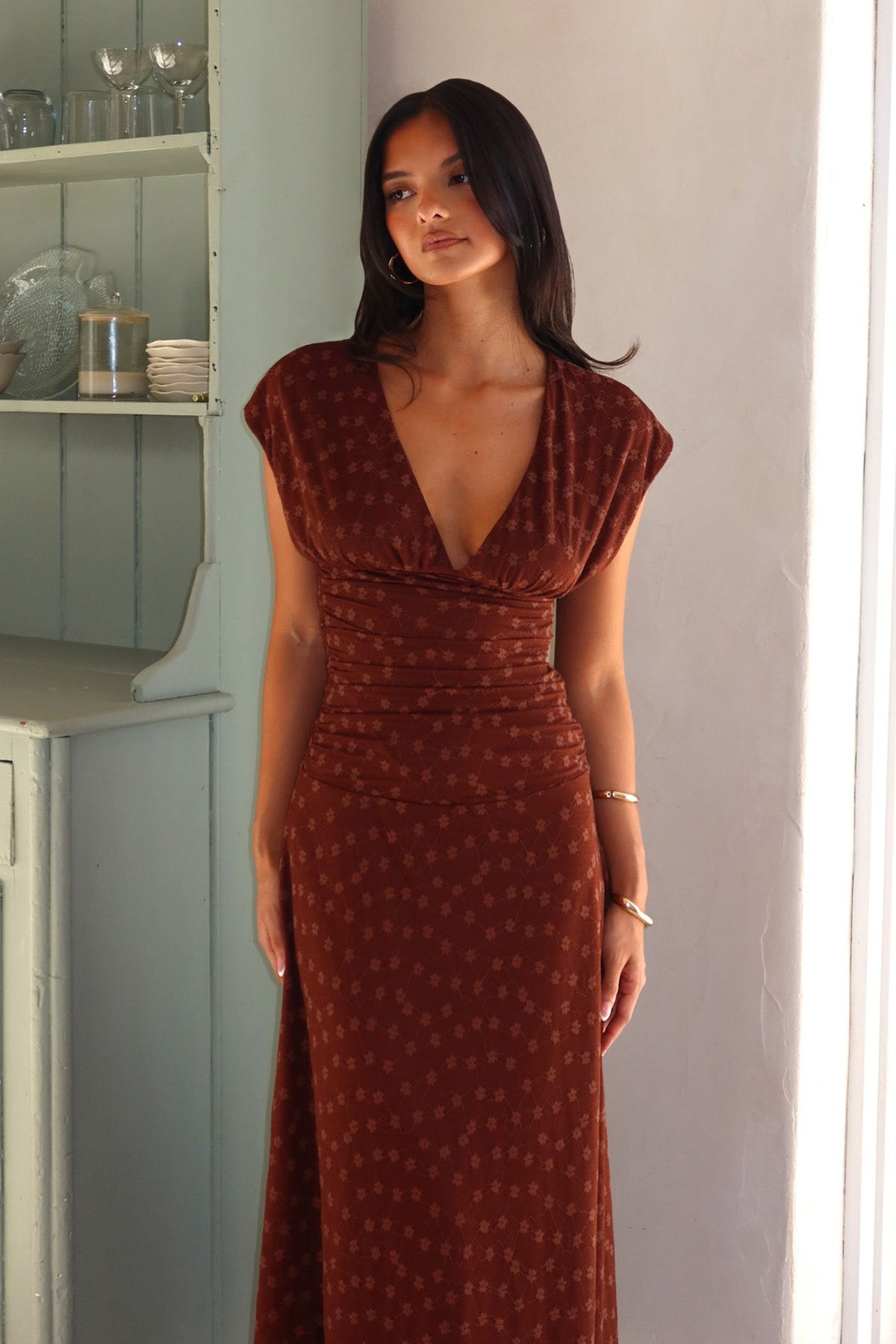 Novia Ruched Bodice Maxi Dress in Chocolate