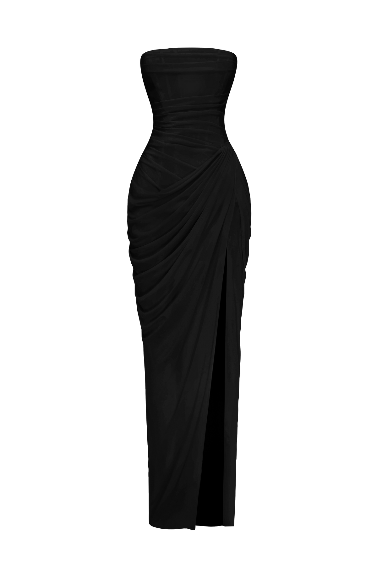 Cleona Black Dress with Strapless Neck and Draped Slit