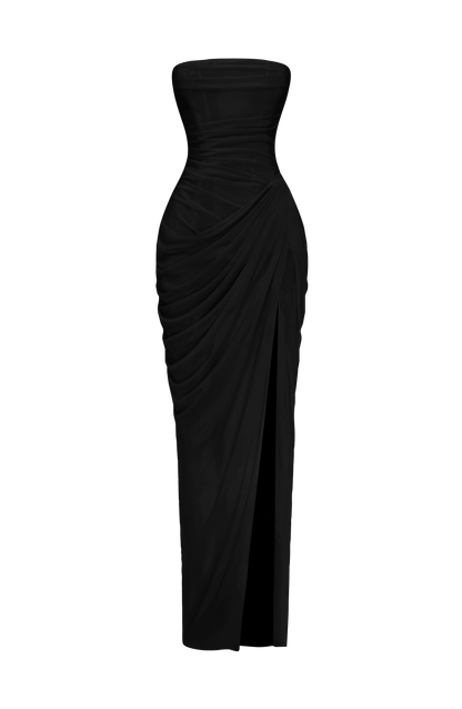 Cleona Black Dress with Strapless Neck and Draped Slit