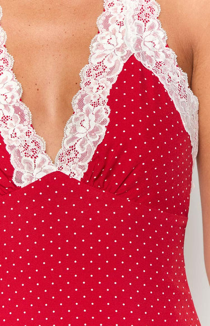 Marielle Red Dress with Polka Dots and Lace Trim