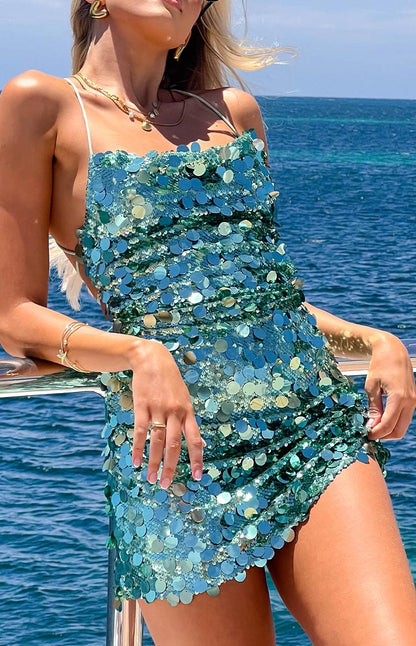 Fiora Sequin Dress with Fine Straps and Scalloped Hem