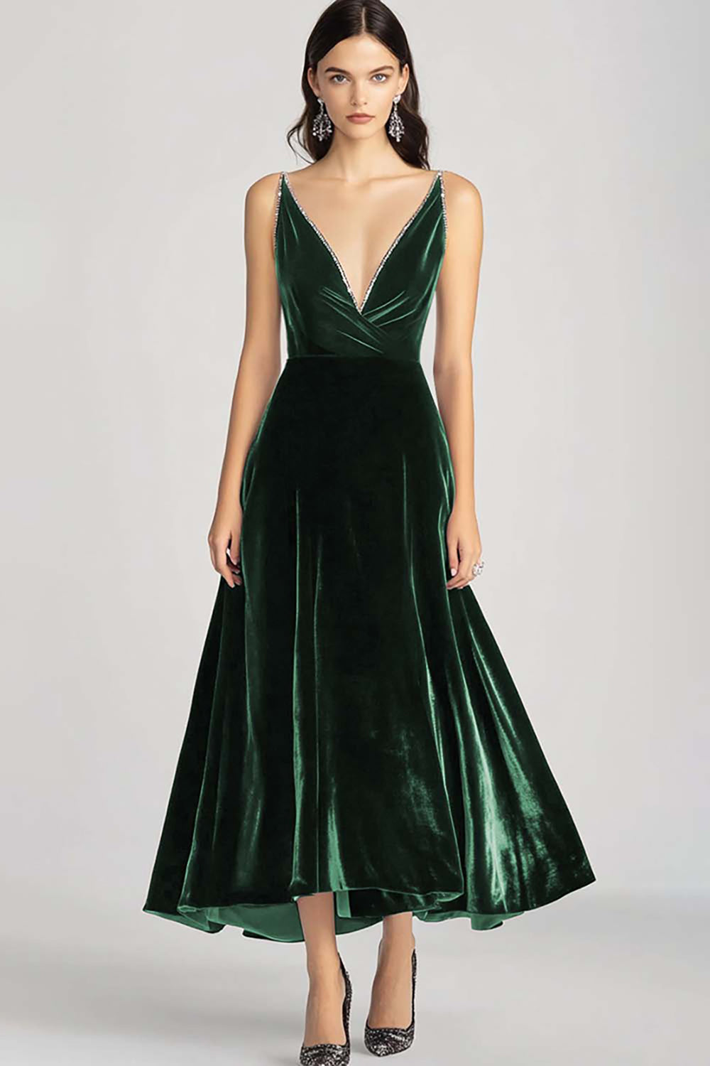 Dorothea Velvet Dress with V Neck and Full Midi Skirt