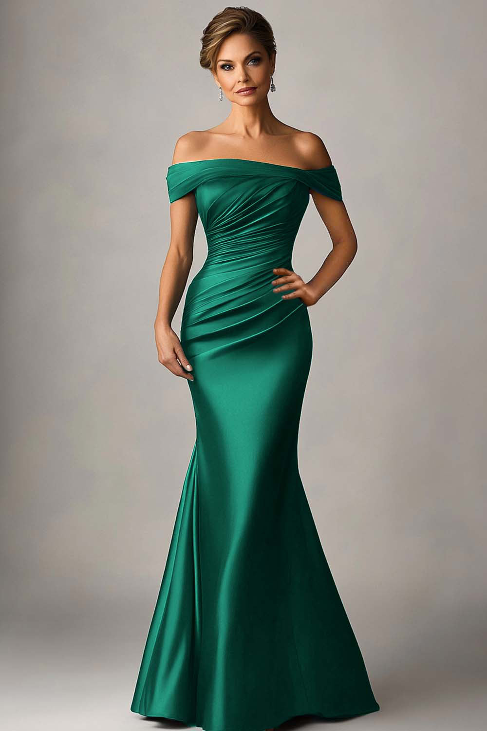 Florentine Formal Dress with Off Shoulder Neck and Ruched Satin