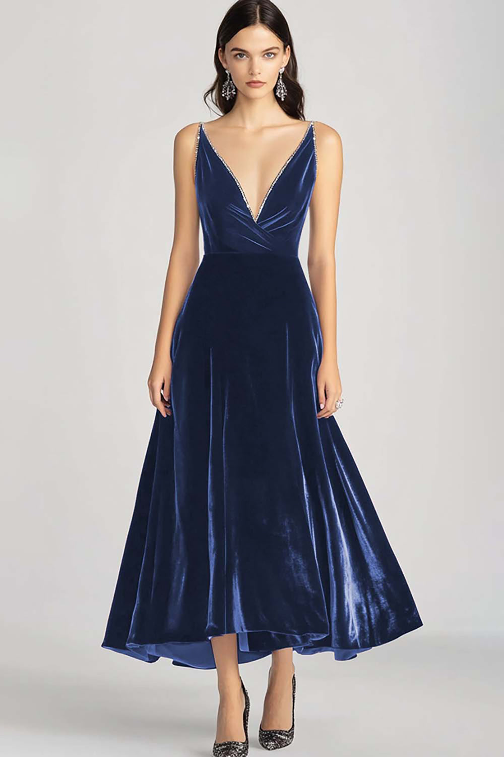 Dorothea Velvet Dress with V Neck and Full Midi Skirt