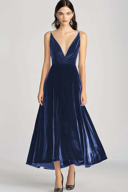Dorothea Velvet Dress with V Neck and Full Midi Skirt