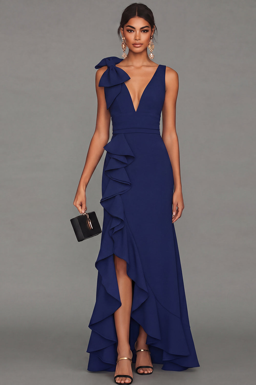 Callista Formal Dress with V Neck and Ruffled Skirt